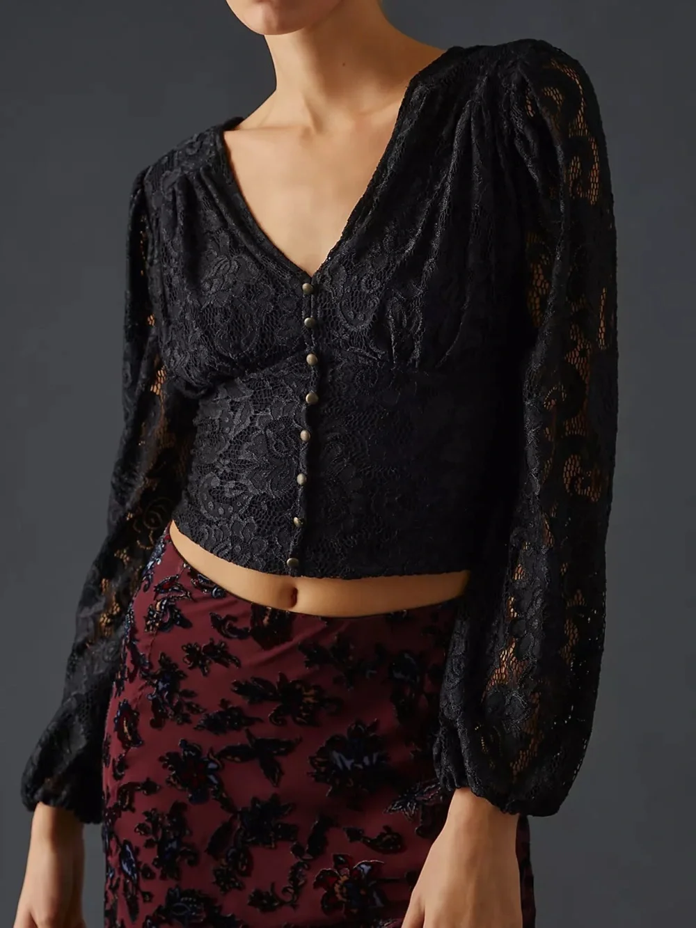 By Anthropologie Balloon-Sleeve Black Lace Tie Waist Blouse Size XS